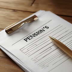 pension is written on a notebook with a pen and a magnifying glass lying on the table. Business concept.