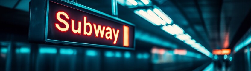 Vibrant Subway Station Festival Celebration Sign with Bold "Subway" Text in Ambient Lighting, Birds-Eye View Composition