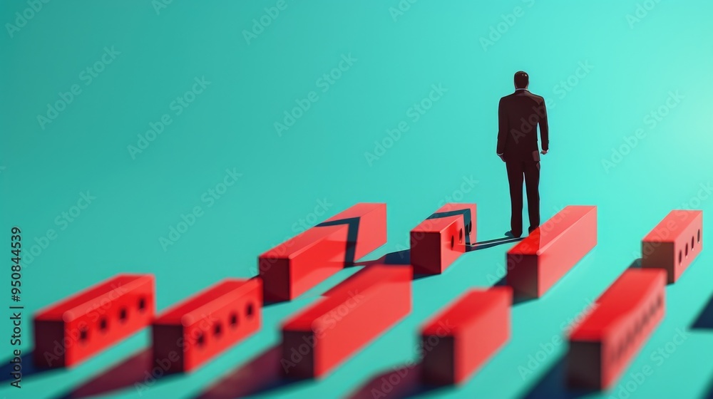 Poster A person standing near a stack of red blocks, possibly used as a storage or display solution