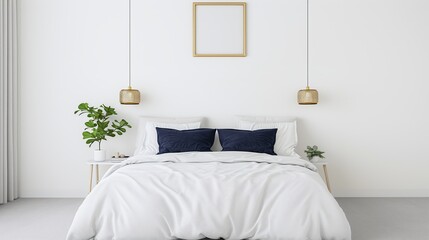 bed in bedroom, Minimalist Bedroom with White Bedding, Gold Pendant Lights, and Green Plants, Clean and Stylish Interior Design Featuring Copyspace, Perfect for Real Estate, Home Decor, or Interior