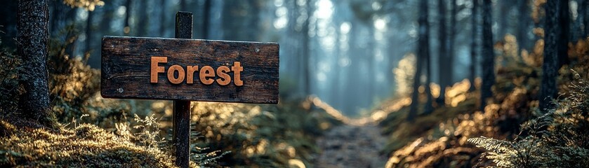 Obraz premium Forest Bold Text style on a sign, A photo of forest woods trees outdoors under ambient lighting 