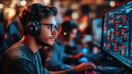 Obraz premium Focused Gamer With Headset Immersed in Coding on Multiple Screens in a High-Tech Gaming Environment