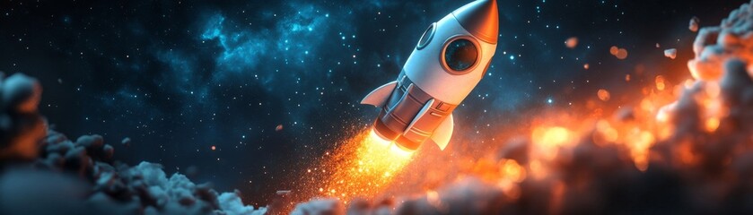 Naklejka premium Futuristic 3D Rocket Icon Design on Clean Background with Copy Space for Text - Cartoon Style Illustration