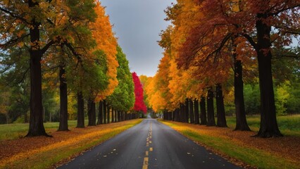 Obraz premium Autumn's Palette: The Road Less Traveled Through a Colorful Canopy