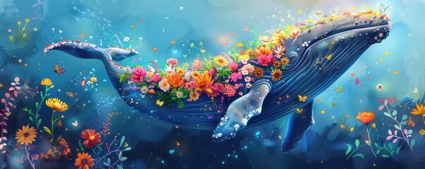 Digital illustration of a whale adorned with colorful flowers and butterflies.