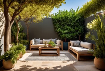 alluring outdoor space featuring lush vibrant greenery surrounded chic decorative accents stylish furnishings, furniture, plants, design, landscape