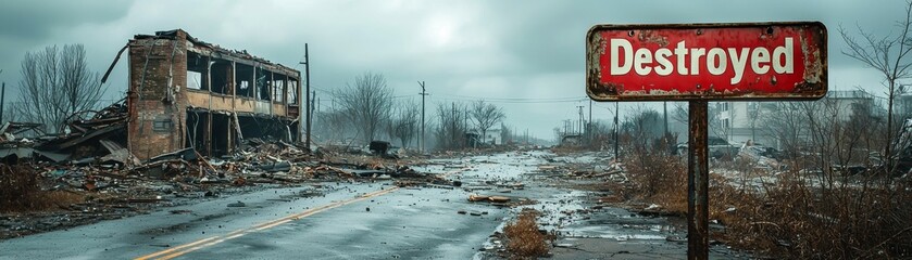 Fototapeta premium Disheartening Scene of Destruction - Sign with 