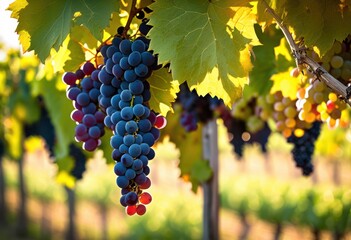 Fototapeta premium vibrant vineyard landscape featuring sunlit grape clusters under clear blue sky lush green foliage picturesque setting, sunlight, grapes, field, rural
