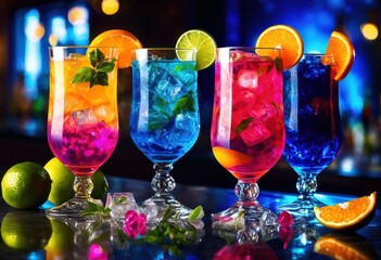 vibrant cocktail glasses filled swirling colorful beverages displaying medley eye catching hues, drink, bright, refreshing, fruit, citrus, ice, garnish