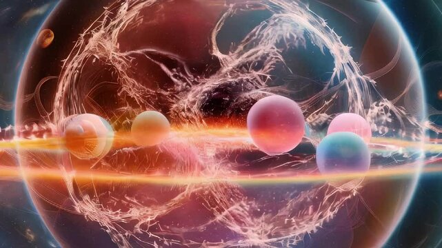 Bright, multi-colored spheres move and interact dynamically within a large sphere. in pastel colors on a dark background. Pure and bright colors.