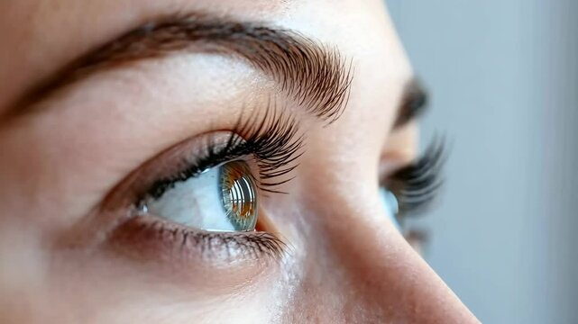 Woman's eyes after classic 2d volume eyelash extensions and eyebrow correction. Natural beauty. Cosmetology and skin care, makeup and cosmetic concept. Closeup video