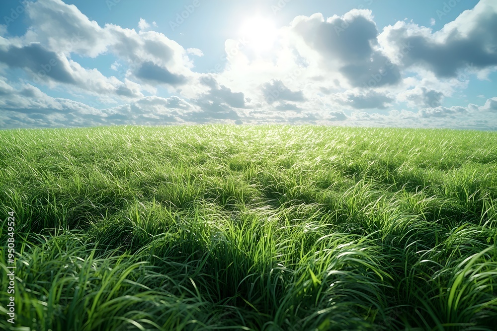 Wall mural a field of tall green grass sways gently in the wind, with a bright blue sky and fluffy white clouds