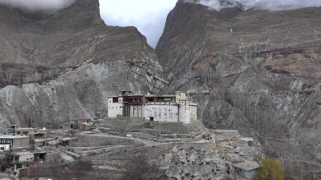 Baltit Fort in Karimabad, Hunza Valley, Gilgit Baltistan, northern Pakistan. Aerial Drone Shot at Spring time