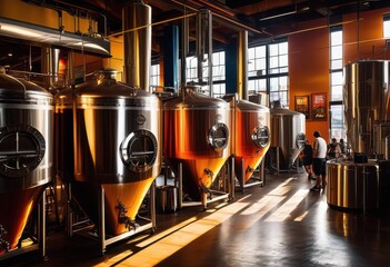 vibrant brewery area showcasing diverse craft beer production colorful brewing equipment lively atmosphere, hops, fermentation, barrels, taproom, tasting