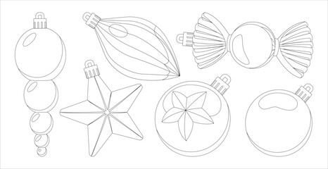 Set of different Christmas tree toys. Christmas decoration. Isolated on white. Vector illustration. Coloring page. Black line.