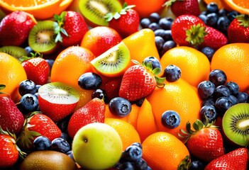 Obraz premium vibrant glass filled colorful fruit burst bright background, apple, banana, berries, citrus, cocktail, dessert, drink, exotic, feast, fresh, fruity
