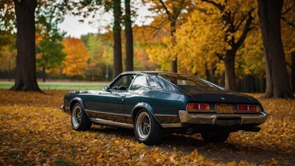 """Autumn Elegance: A Vintage Mustang's Tranquil Park Repose"""