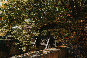 A wooden bridge in the park with and autumn colors of Bietigheim-Bissingen, Germany. Europe. Autumn landscape in nature. Autumn colors in the forest. autumn view with wooden bridge over stream in the