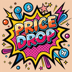Fototapeta premium Vector Template in Comic Book-Style Illustration Featuring 'Price Drop!' in Speech Bubbles, Thunder Sign, and Bold Colors, Ideal for Retail and Online Shop Promotions