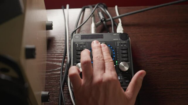 Close-up shot of a hand operating a sound mixer, rotating its knob to adjust audio levels. The scene captures the precise control and technical skill required in sound engineering