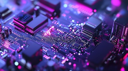 Obraz premium High-detail closeup of a random generator's circuit board, components arranged neatly, glowing micro LEDs, futuristic tech aesthetic, blurred background with copy space