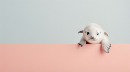 Adorable Baby Seal Peeking Over Pink and Blue Panel, Minimalistic Marine Animal Photography with Copyspace, Perfect for Ocean-Themed Marketing or Conservation Campaigns.


