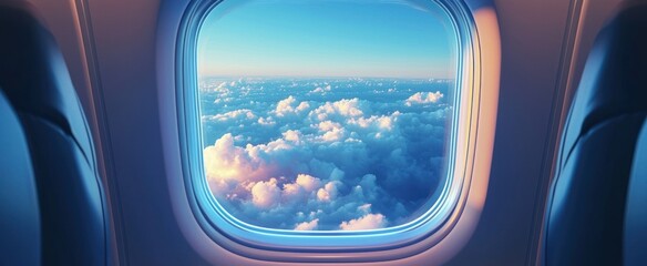 Airplane Window View of Clouds and Blue Sky