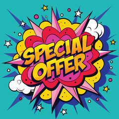 Fototapeta premium Vector Template in Comic Book-Style Illustration Featuring 'Special Offer!' in Speech Bubbles, Thunder Sign, and Bold Colors, Perfect for Retail and Online Shop Promotions
