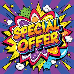 Fototapeta premium Vector Template in Comic Book-Style Illustration Featuring 'Special Offer!' in Speech Bubbles, Thunder Sign, and Bold Colors, Perfect for Retail and Online Shop Promotions