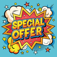 Vector Template in Comic Book-Style Illustration Featuring 'Special Offer!' in Speech Bubbles, Thunder Sign, and Bold Colors, Perfect for Retail and Online Shop Promotions