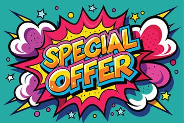Fototapeta premium Vector Template in Comic Book-Style Illustration Featuring 'Special Offer!' in Speech Bubbles, Thunder Sign, and Bold Colors, Perfect for Retail and Online Shop Promotions