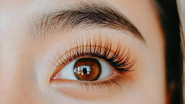 Woman's eyes after classic 2d volume eyelash extensions and eyebrow correction. Natural beauty. Cosmetology and skin care, makeup and cosmetic concept. Closeup video