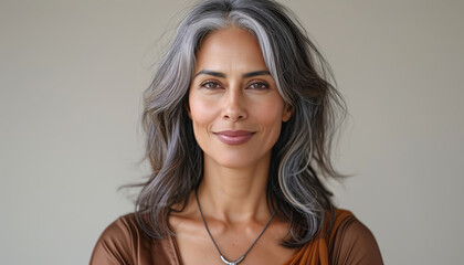 Natural beauty portrait of serene and elegant mature Indian woman with grey hair. Female slightly smiling. Light background studio shot. Natural female beauty and fascinating aging concept.