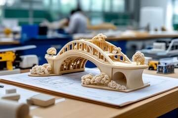 Bridge Structural Integrity, Load-bearing, and Safety shown in an engineering workshop where models and blueprints of a bridge are studied to ensure its structural soundness