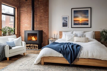 modern rustic bedroom interior, exposed brick walls, framed sunset artwork, cozy fireplace with lit fire, wooden king size bed with white linens and blue blanket, plush rug, white armchair, potted pla