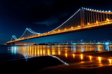 Bridge Suspension, Steel, and Nighttime depicted in a nighttime scene where a suspension bridge is beautifully lit, its lights reflecting on the water below, creating a captivating urban view