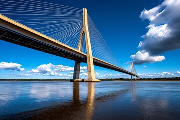 Fototapeta premium Bridge Suspension, Steel, and River depicted in a panoramic view where a suspension bridge stretches across a wide river, its towering pillars and cables creating a striking silhouette