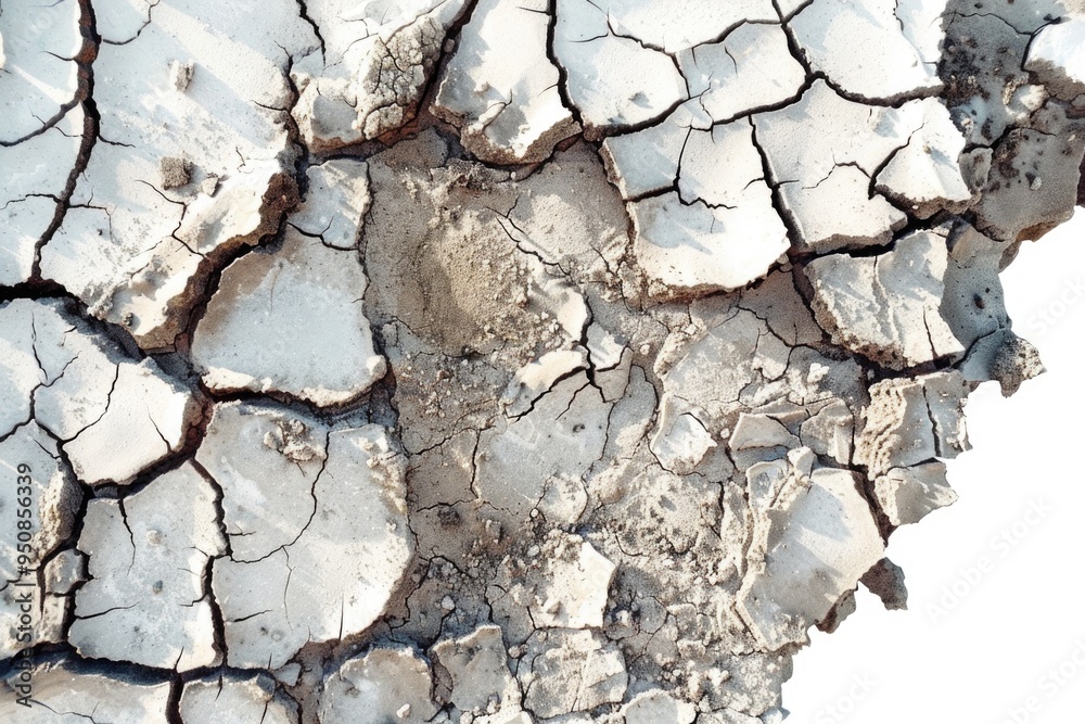 Poster a close-up view of a cracked surface with a white sky in the background, suitable for use in illustr