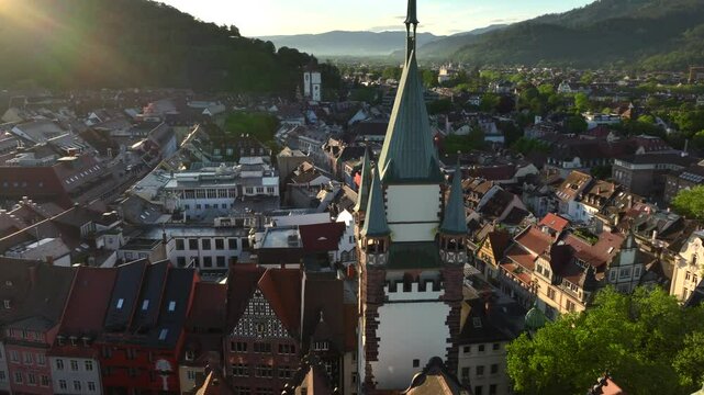 Freiburg im Breisgau, Germany at Sunrise. Aerial Drone Shot on Freiburger Dom Cathedral. 4k Drohne Footage