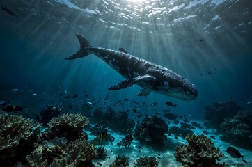 Fototapeta premium A blue whale in the ocean.Underwater view.