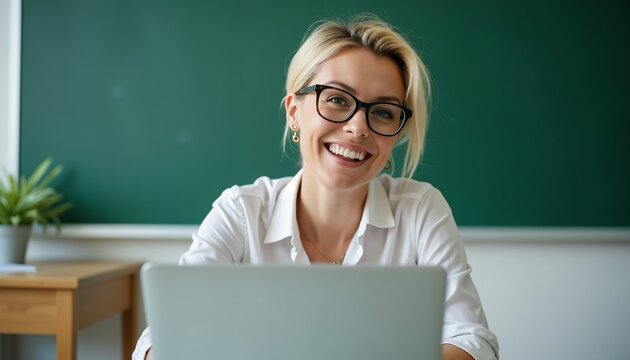 Blissful white blonde female teacher at desk with laptop for World Teachers' Day