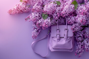 Light purple handbag surrounded by vibrant lilacs on a lavender background, ideal for spring fashion branding, product marketing, and floral-themed campaigns. Ample copy space for text and promotional