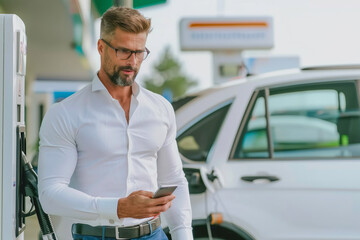 Fototapeta premium A man in a white shirt is looking at his cell phone while is near to a car