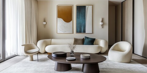 a stylish living room, mid-century modern decor, minimalist design, neutral color tones, abstract wall art, statement coffee table, plush sofa, textured rug, warm lighting accents