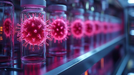 A detailed visual of a pathogen being studied in a laboratory, with a focus on the effects of an experimental drug designed to prevent the spread of the contagion