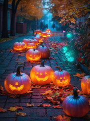 Fototapeta premium Halloween background with traditional elements. Pumpkins along the cemetery fence.