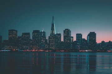 Obraz premium A view of a city at night from across the water, perfect for illustrations and designs