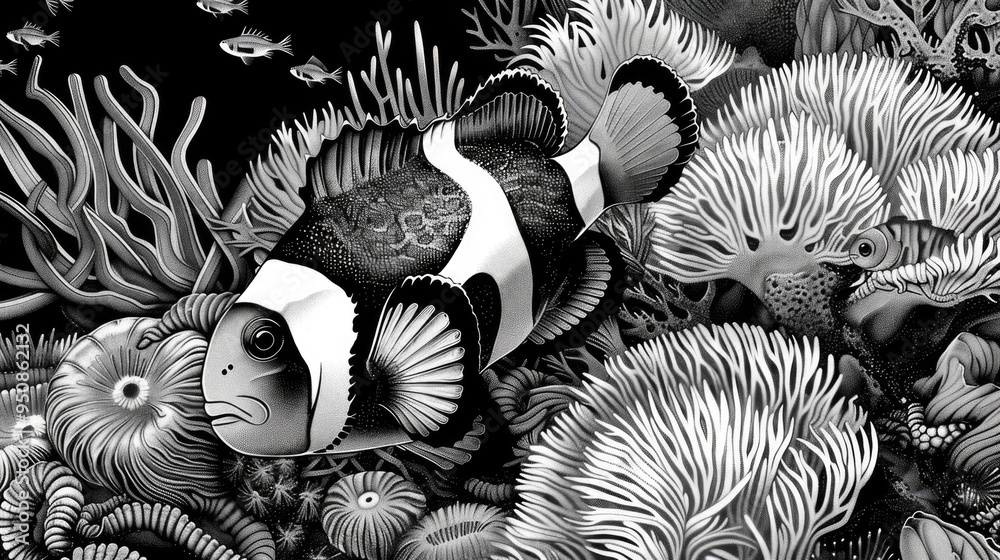 Wall mural A close-up shot of a clown fish in monochrome tones