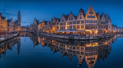 Obraz premium Stunning sunset view of historic buildings along a calm river. Charming architecture reflects on the water. A picturesque scene capturing the beauty of city life. AI.