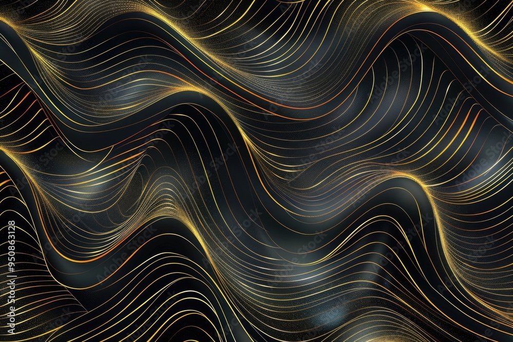 Poster Abstract design featuring wavy lines in black and gold colors on a geometric patterned background